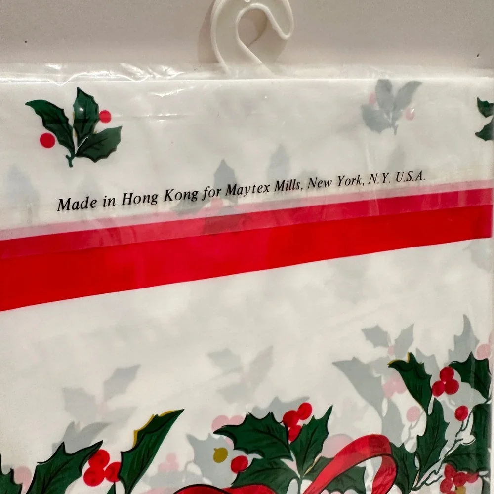 Vtg Maytex Mills Christmas Tablecloth Lot of 2 Holly Berry Red Bow Plastic 52x90